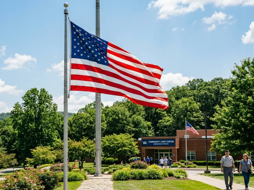 A large American flag waves prominently in front of a brick VA Community Care Center building, with people walking nearby and lush green trees under a blue sky.