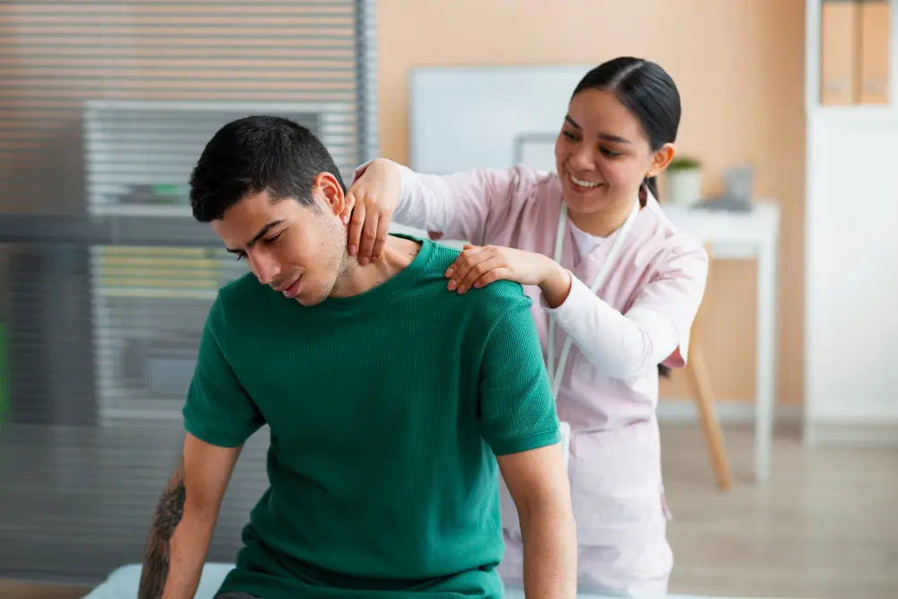 Chiropractor consulting with patient about treatment plan and visit frequency