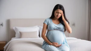A pregnant woman with dark hair, wearing a light blue dress, sits on a bed, holding her temple with one hand and her baby bump with the other, her face showing pain or discomfort.