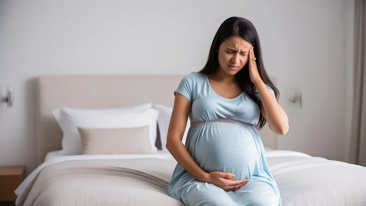 A pregnant woman with dark hair, wearing a light blue dress, sits on a bed, holding her temple with one hand and her baby bump with the other, her face showing pain or discomfort.