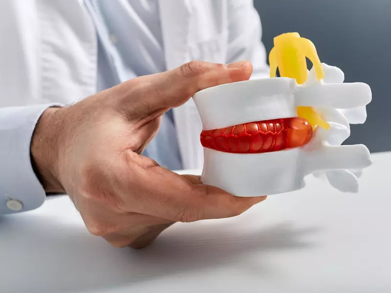 A doctor's hand holding a spinal model showing two white vertebrae, a red bulging disc, and yellow compressed nerves.