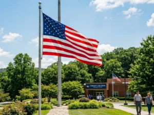 A large American flag waves prominently in front of a brick VA Community Care Center building, with people walking nearby and lush green trees under a blue sky.